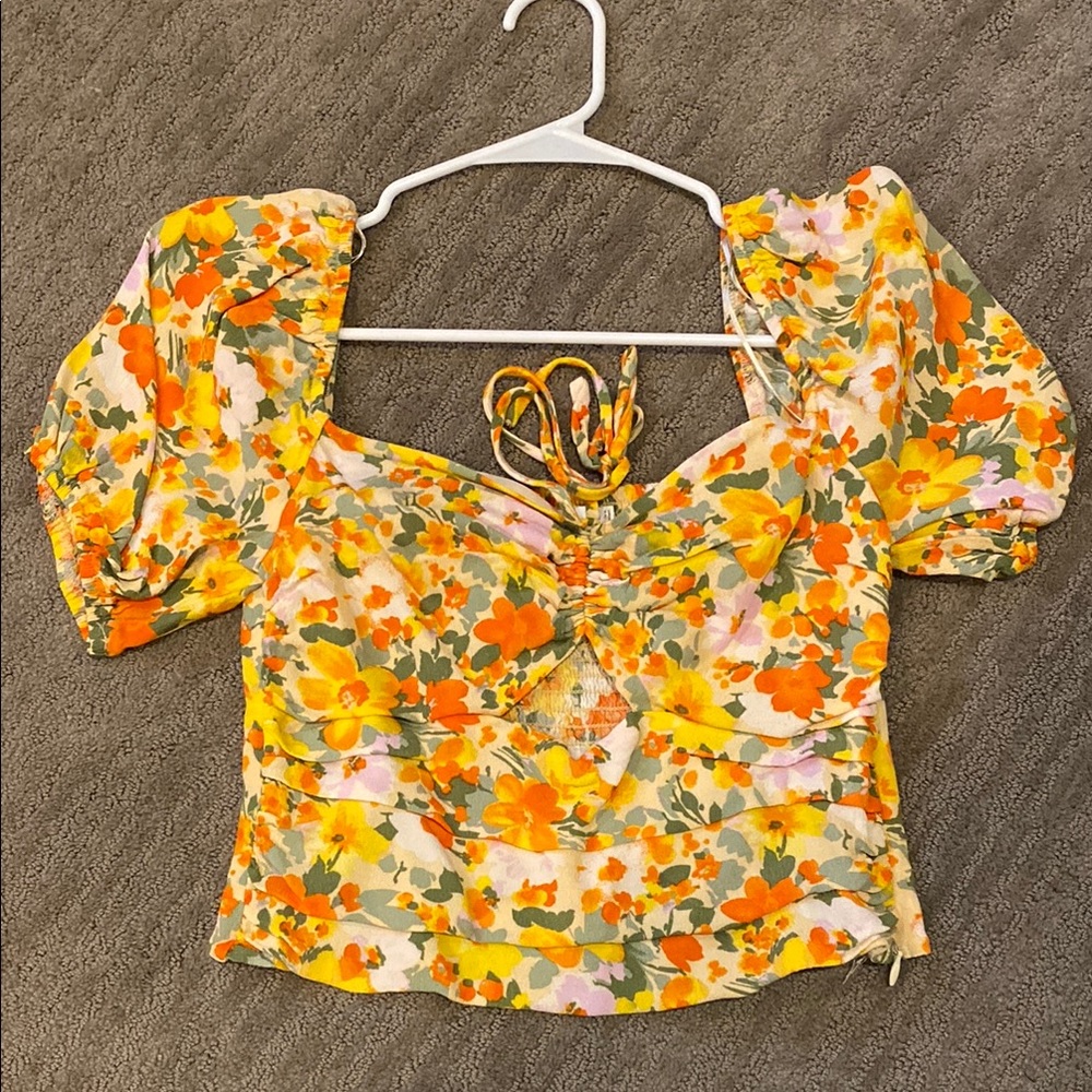 Astr Yellow Crop Top with Floral Print and Tie Front